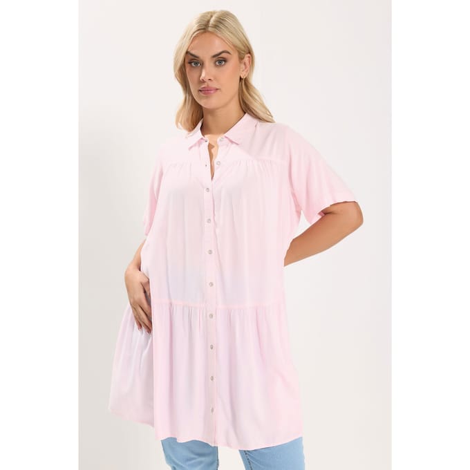 Yours Roze Gelaagde Chambray Blouse Met Smokwerk Size 42