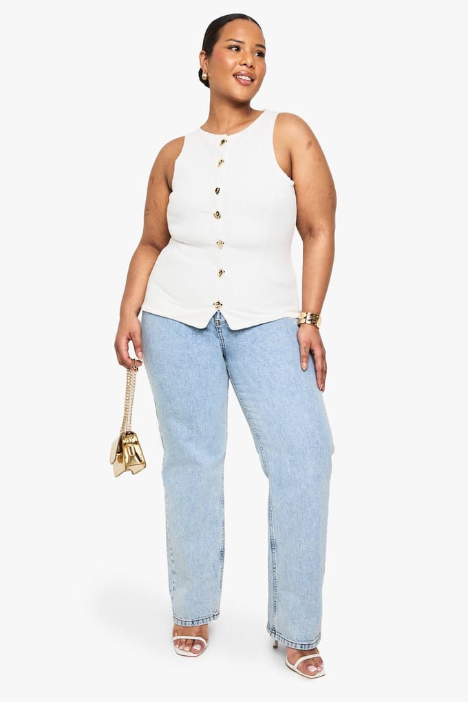 boohoo Dames PLUS GEBREIDE VEST MET KNOOPSLUITING | Ecru | Maat: 44