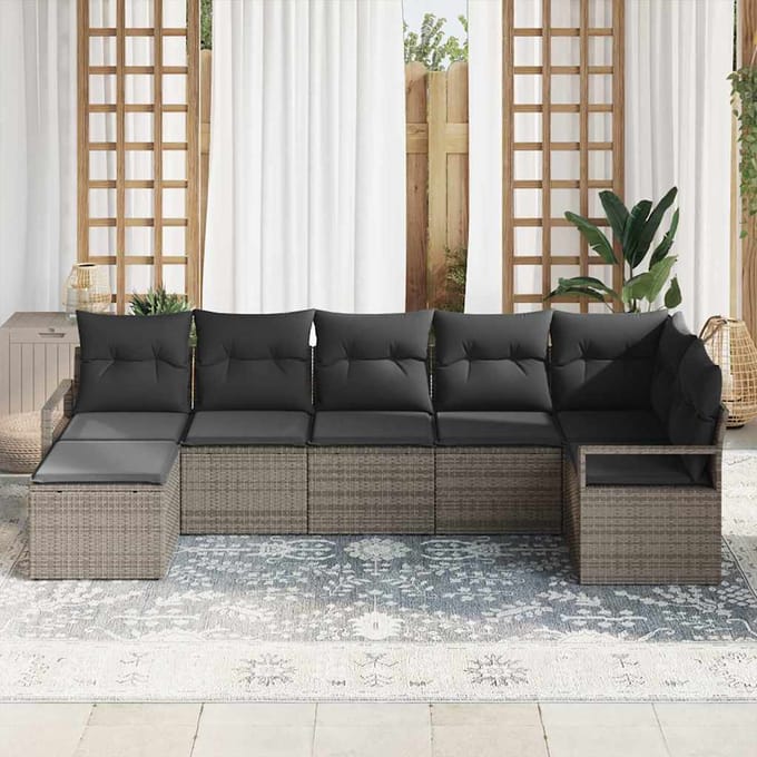vidaXL Bankstel met kussen met opslag 7 pcs Grijs poly rattan