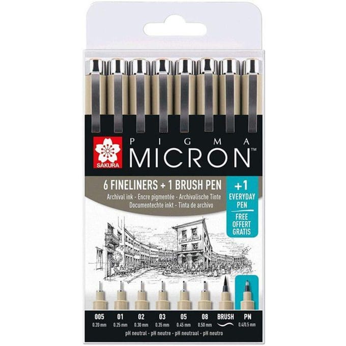 Sakura Pigma Micron Fineliners - Etui Promotieset - 7 fineliners Zwart en 1 Pigma Micron PN