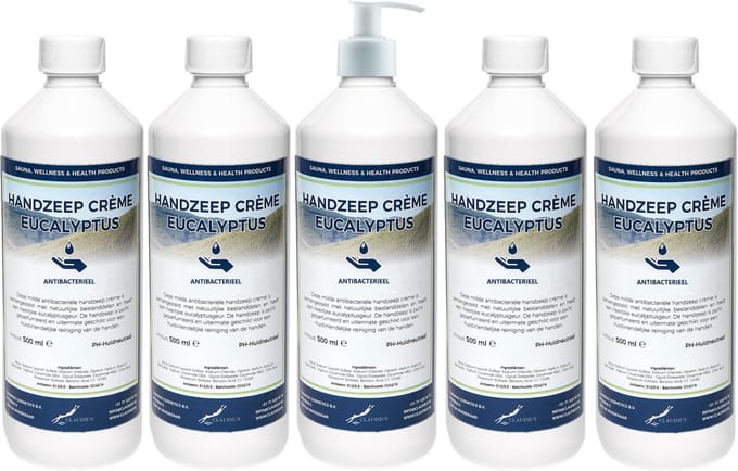 Handzeep Crème Eucalyptus 500 ml - set van 5 stuks - met gratis pomp - Voordeelverpakking