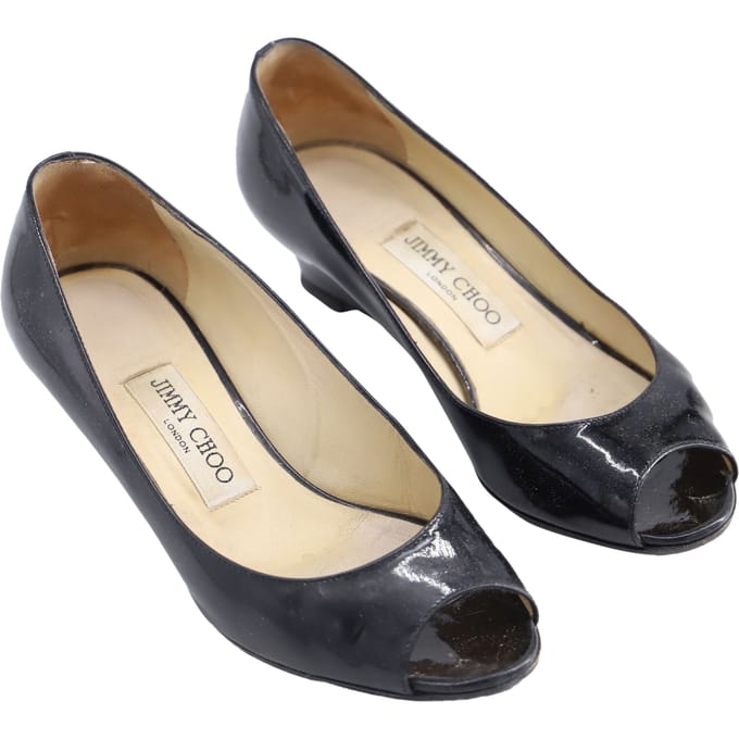 Jimmy Choo 'Baxen' Peep-toe Wedges in Zwart Glanzend Leder