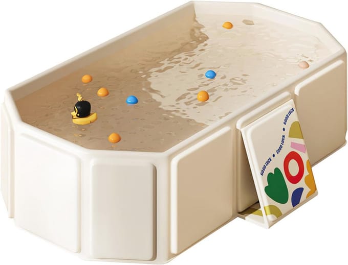 Opvouwbaar babybadje – Draagbaar kinderbad geschikt voor kinderen van 0-8 jaar – Inklapbaar baby- en peuterbad met afvoerstop – Multifunctioneel en ruimtebesparend, lichtgewicht (Beige)