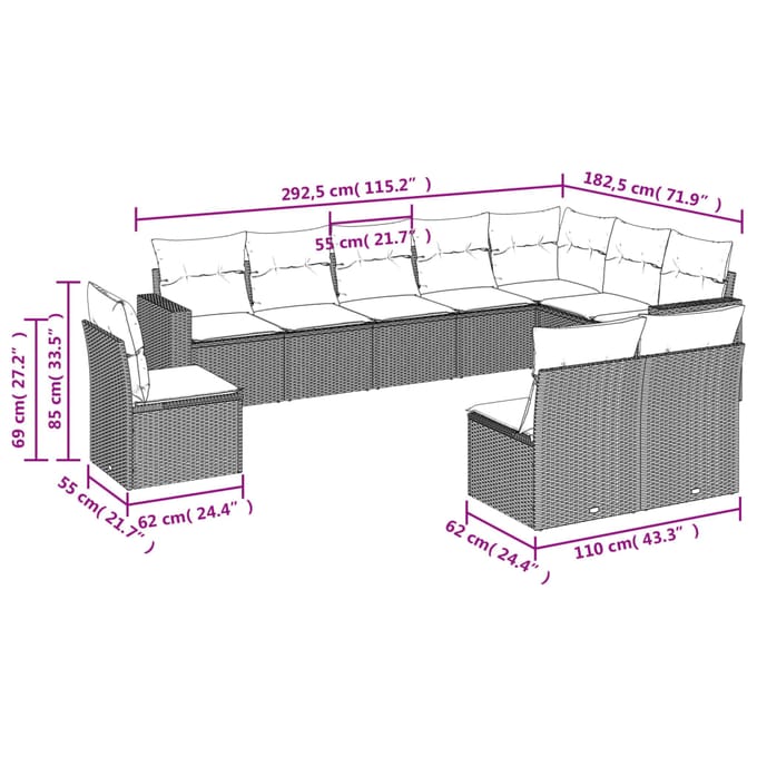 vidaXL - 10-delige - Loungeset - met - kussens - poly - rattan - bruin