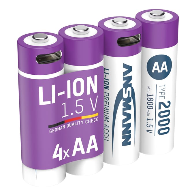 Li-Ion oplaadbare batterijen ANSMANN Mignon AA, 1,5 V, Type 2000 (min. 1800 mAh), 3,26 Wh, Type C opladen, 4 stuks