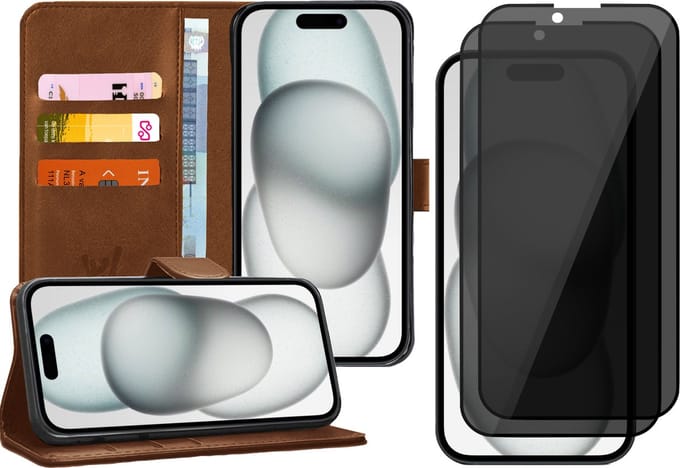 Hoesje geschikt voor iPhone 15 Plus - 2x Privacy Screen Protector FullGuard - Book Case Kunstleer Pasjeshouder Bruin & Screenprotector