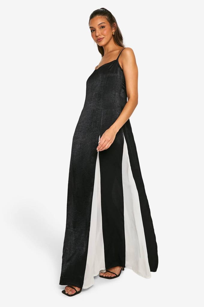 boohoo Dames Satijn Contrast Godet Maxi Jurk | Black | Maat: 8