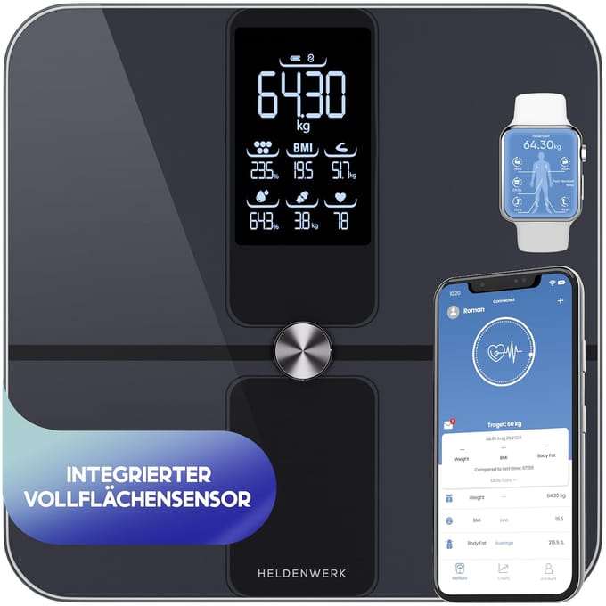 Heldenwerk Weegschaal - Digitaal - 180KG - Bluetooth - 32,9x31,2x4,7cm