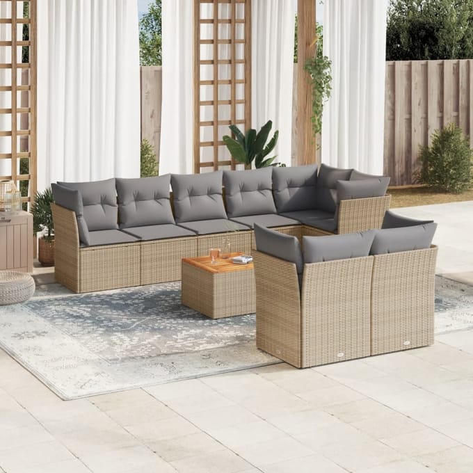 vidaXL - 9-delige - Loungeset - met - kussens - poly - rattan - beige