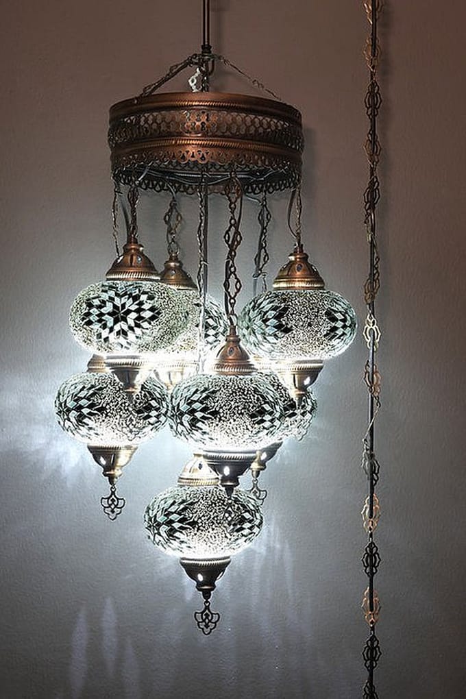 Turkse hanglamp - mozaïek glas multicolour - 7 bollen - hoogte 145 cm en breedte 45 cm
