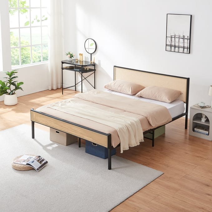 Metalen bed Linköping 165x206x90 cm zwart en rotan look [en.casa]