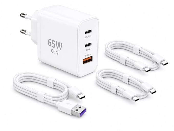 Vastiq Power® 3-in-1 65W GaN Snellader Set - USB-C Oplader Adapter - 2x USB-C PD + 1x USB-A - Inclusief 3x 2 meter 65W kabel - Wit