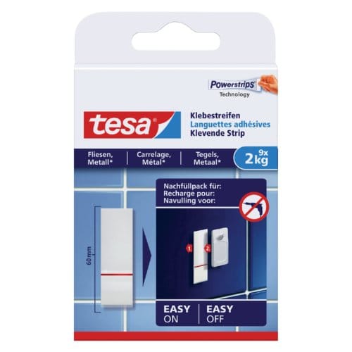 Tesa Dubbelzijdige Klevende Strips Powerstrips 77760 - Voor Tegels & Metaal - 2kg - Wit - 9 Stuks