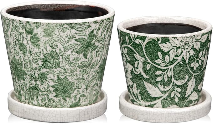 Omgoods - Set van 2 Groene en Witte Keramische Bloempotten met Drainagegaatjes