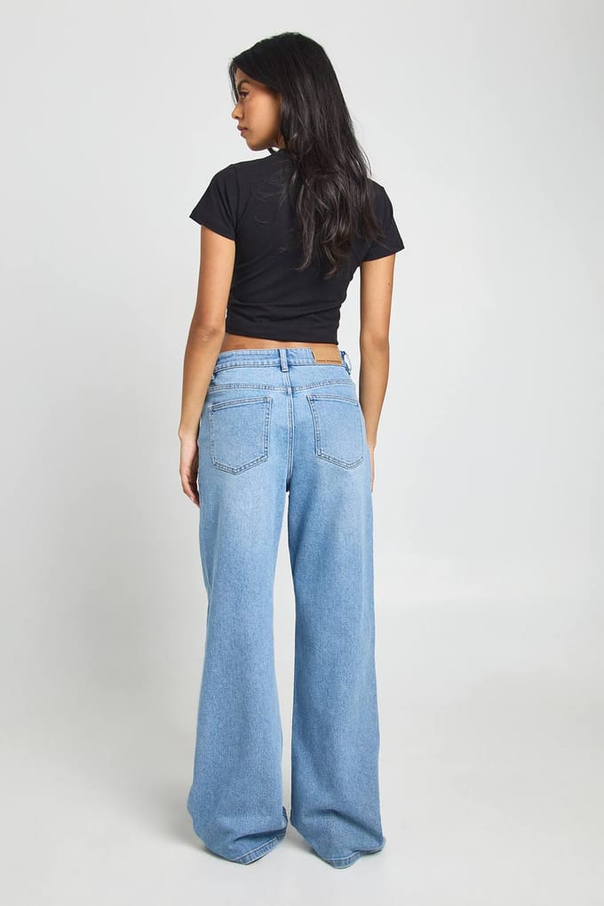 boohoo Dames De Hoge Taille Rechte Pijp Jeans | Medium Blauw | Maat: 10/30L