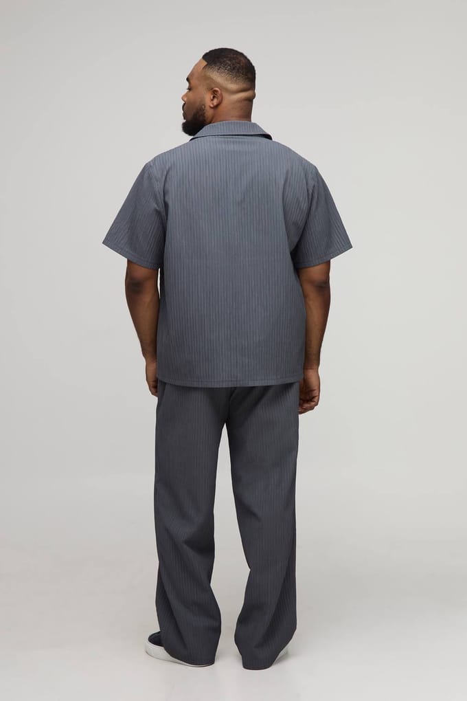 Plus Getextureerde Regular Revere Shirt & Relaxed Broek Set | Slate | Size 4XL