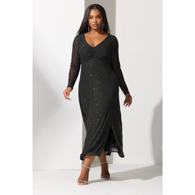 Yours London Zwarte Glitter Maxijurk Met Gerimpelde Voorkant Size 42