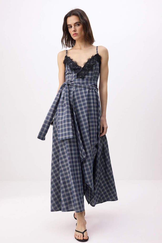 Marineblauwe geruite/geruite mouwloze midi-jurk voor dames