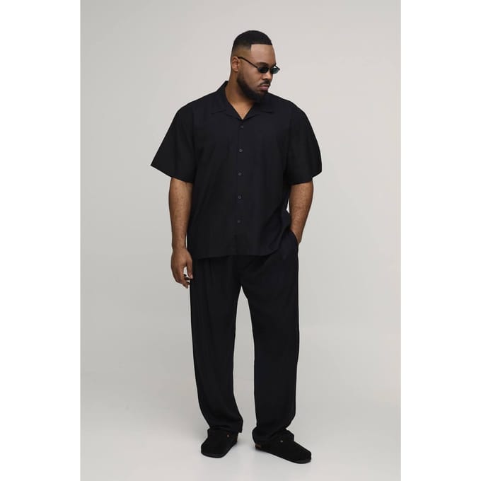 Plus Vakantie Linnen Blend Oversized Shirt & Ontspannen Broek Set | Black | Size 3XL