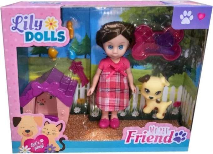 Johntoy Tienerpop Met Hond Lily Dolls 9 Cm Bruin 9-delig