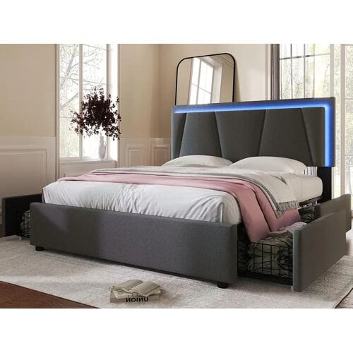 ModernLuxe Gestoffeerd bed 160x200cm in linnen - met 2 lades + LED + lattenbodem - Grijs