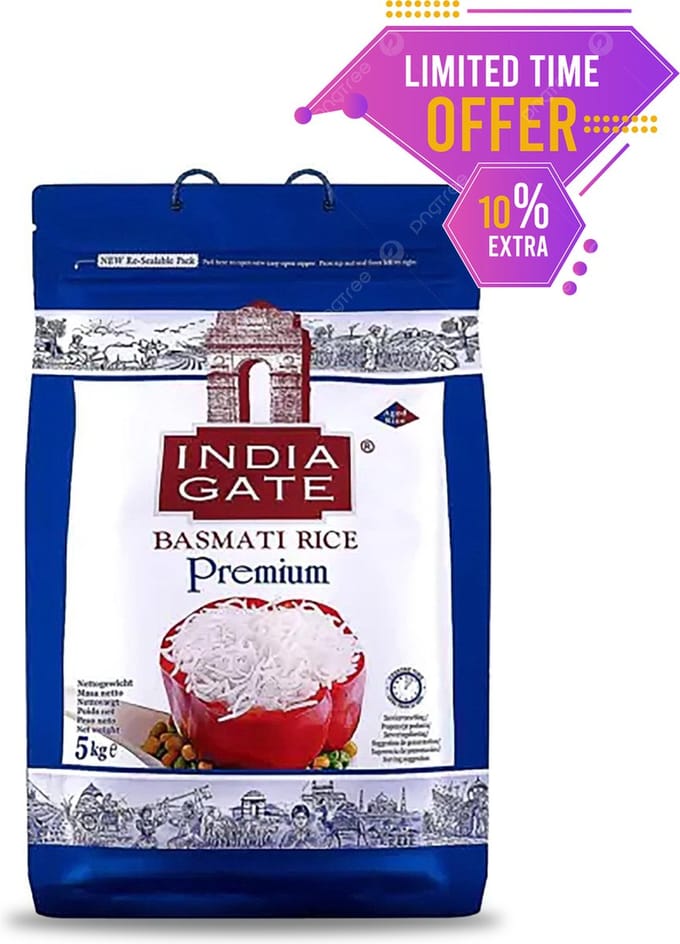 India Gate Extra Langkorrelige Premium Basmati Rijst, 5kg + (10% Extra)