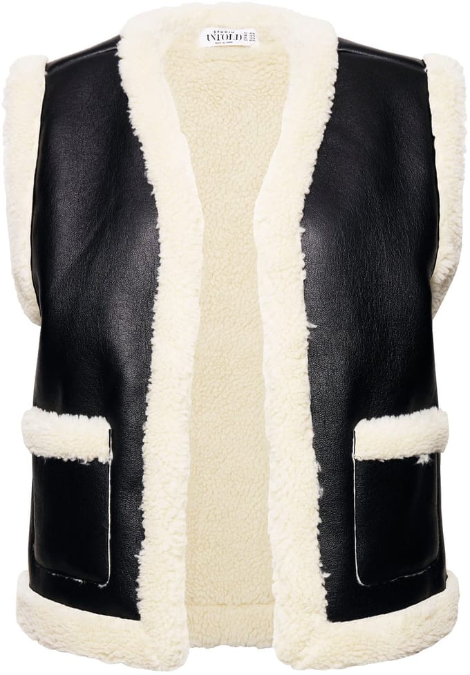 Studio Untold - Dames - Vest korte A-lijn bontlook met imitatieleer - Zwart - Maat 46+