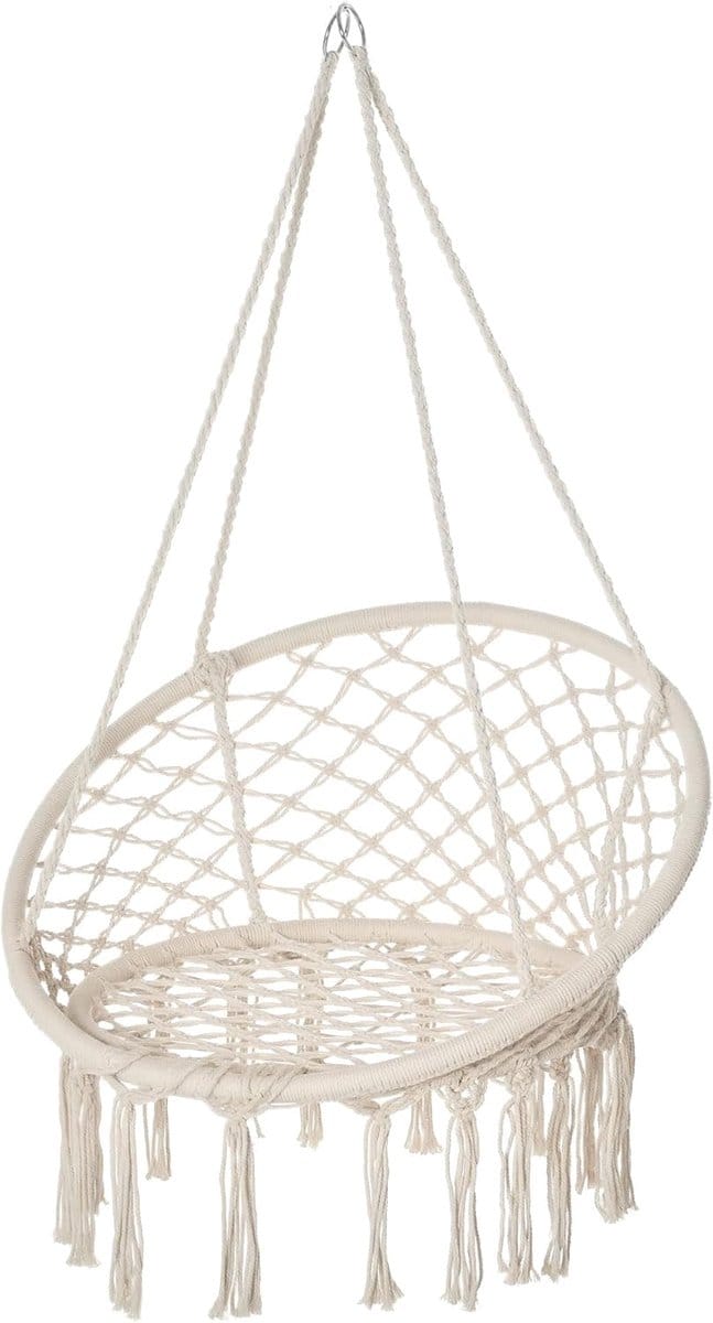 Hangstoel Macramé - Zitstoel - Ontspannen Buiten - Boho Stijl - 80x80x42 cm - Beige