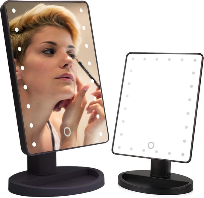 Verlichte make-up spiegel 180° draaibaar 16 ingebouwde LED lampjes zwart