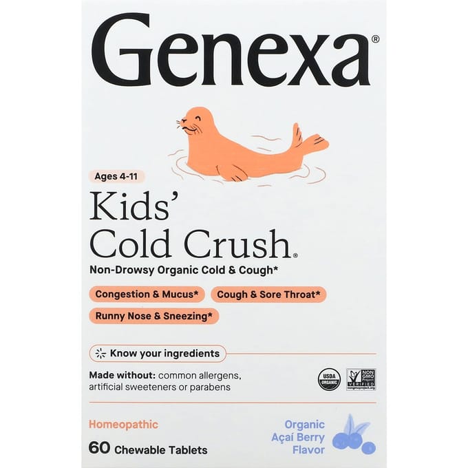 Genexa, Cold Crush voor kinderen, 4 tot 11 jaar, biologische acaibes, 60 kauwtabletten