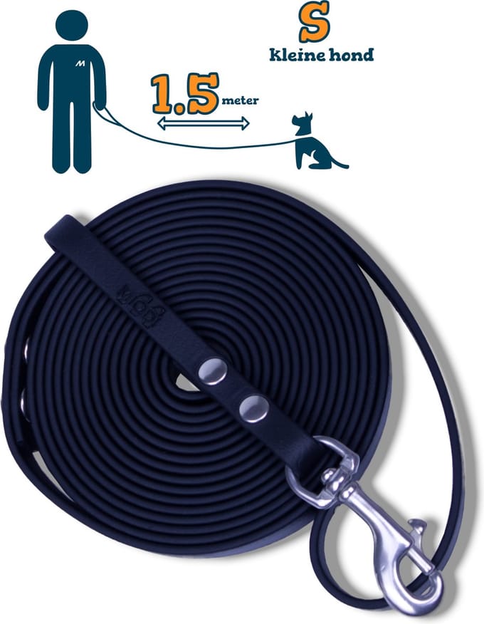 Miqdi hondenriem - BioThane – zwart – 1.5 meter lang – 9mm breed – XS/S – kleine hond