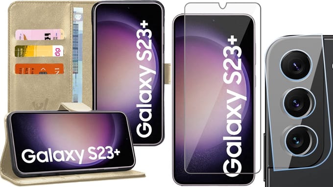 Hoesje geschikt voor Samsung Galaxy S23 Plus - Screenprotector GlassGuard & Camera Lens Screen Protector - Book Case Kunstleer Pasjeshouder Goud
