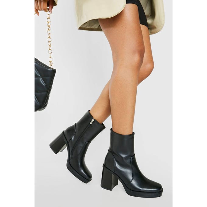 boohoo Dames Blockhiel Platform Enkellaars | Zwart | Maat: 37