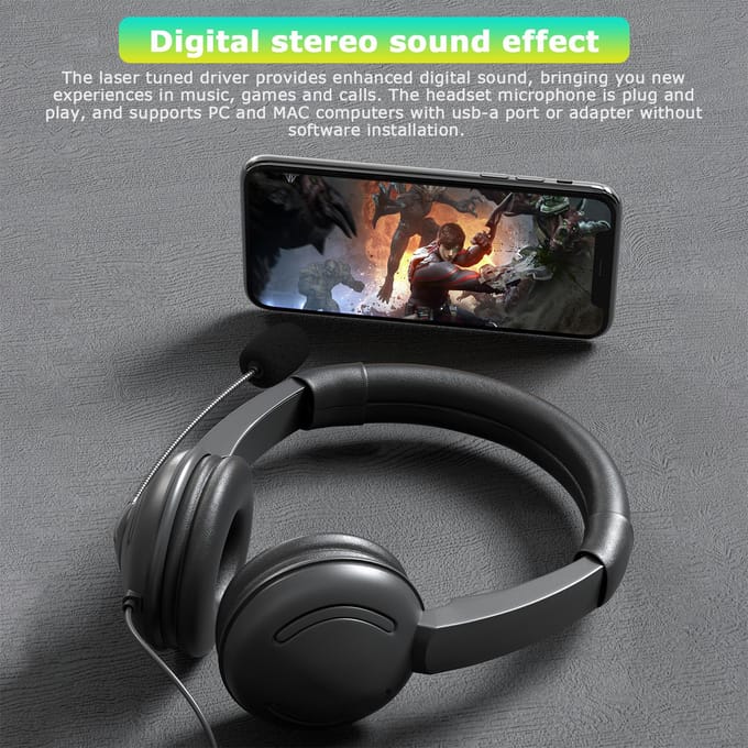 Casque filaire USB avec Microphone antibruit sur l'oreille, casque d'ordinateur, écouteurs de Center d'appel noir