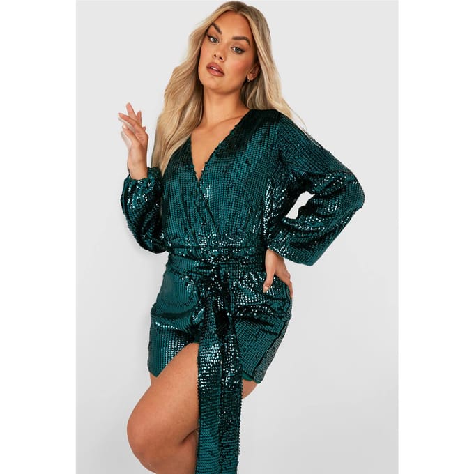 boohoo Dames Plus Velvet Sequin Tie Waist Playsuit | Evergreen | Maat: 28