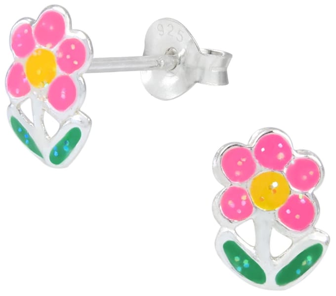 Joy|S - Zilveren bloem oorbellen "Flower" glitter roze
