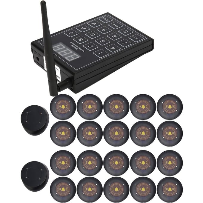 Draadloos Gastoproepsysteem Systeem met Lange Afstand met Zender en 20 Pagers voor UK PLUG black