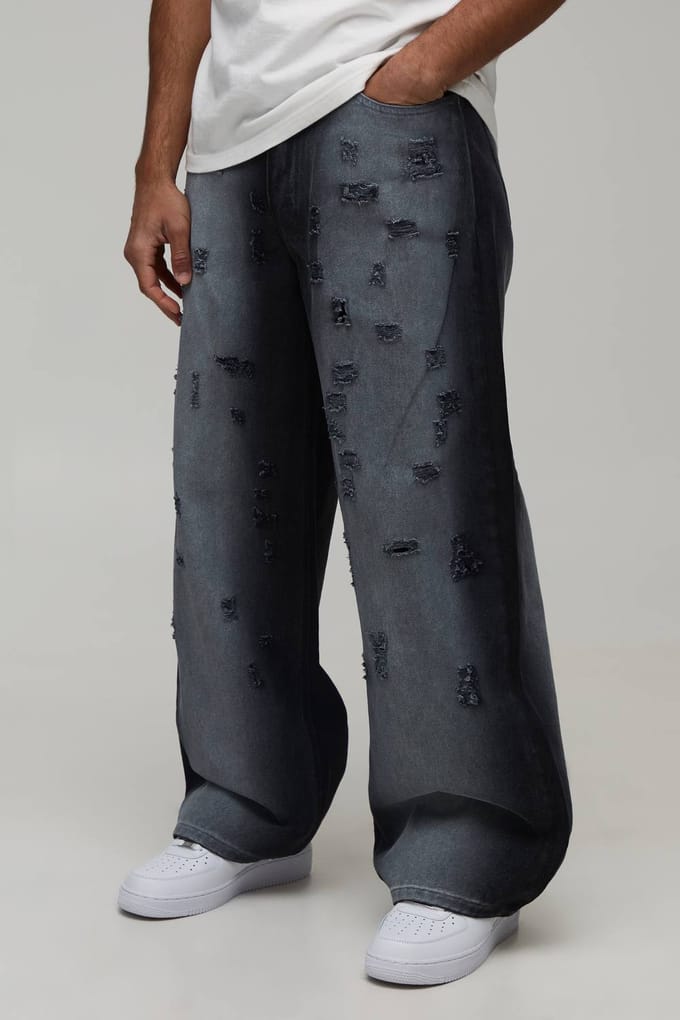 Verwassen Extreem Distressed Baggy Fit Jeans | Washed Black | Size 28R
