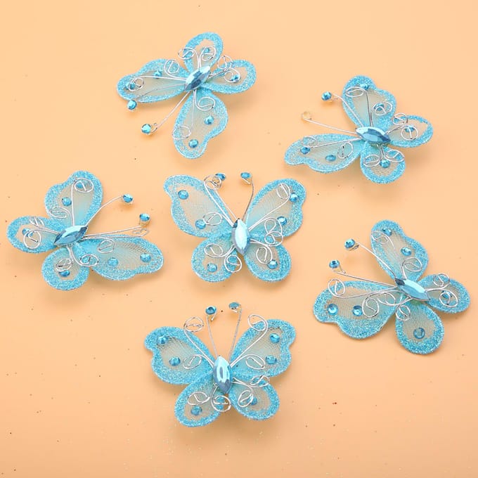 24 stuks Transparant Mesh Draad Glitter Vlinder Bruiloftsfeest Kleding Decoratie DIY Benodigdheden Blauw blauw
