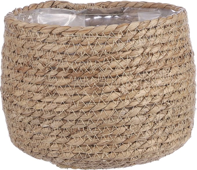 Mica Decorations Bloempot - rotan - beige - jute - 18 x 15 cm - Met plastic binnenkant