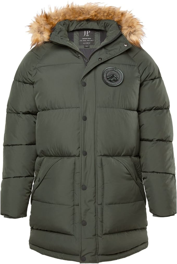 JP 1880 - Heren - Doorgestikte parka capuchon geweven bont badges - Donker zeewier - Maat L