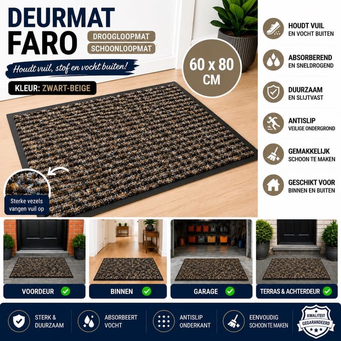 Wicotex - Deurmat - Schoonloopmat Faro - Afmeting 60x80cm - Kleur Zwart - Beige
