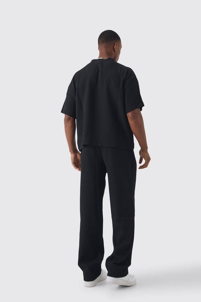 Elastische taille, relaxed fit geplooide broek | Black | Size Medium