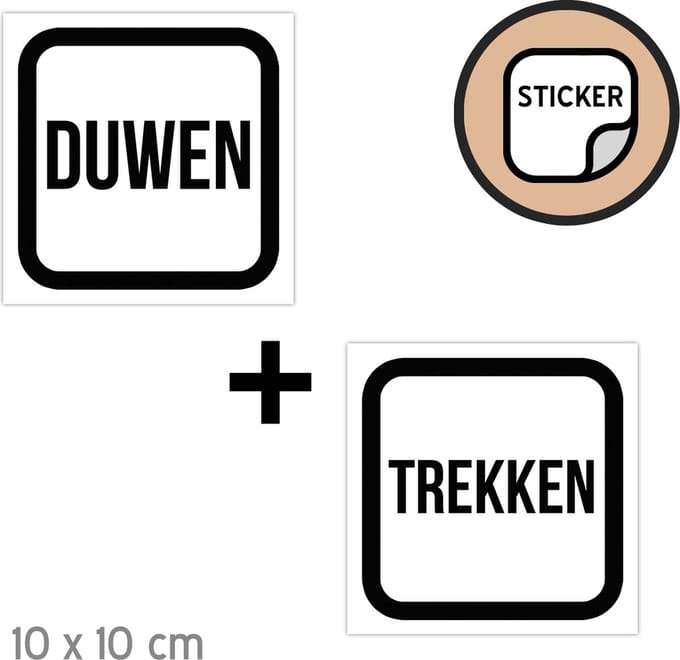 Deursticker set | "Duwen"/ "Trekken" | 10 x 10 cm | Wit/ zwart | Sticker | Vierkant | Deur | Openbaar gebouw | 1 + 1 stuk
