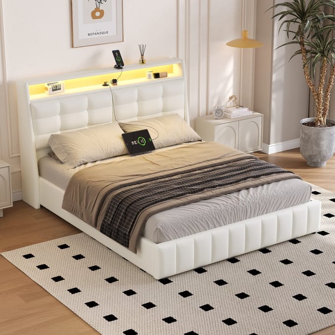 Sweiko Gestoffeerd bed - 160 x 200 cm - LED-verlichting - USB-poorten - Opbergruimte - Wit
