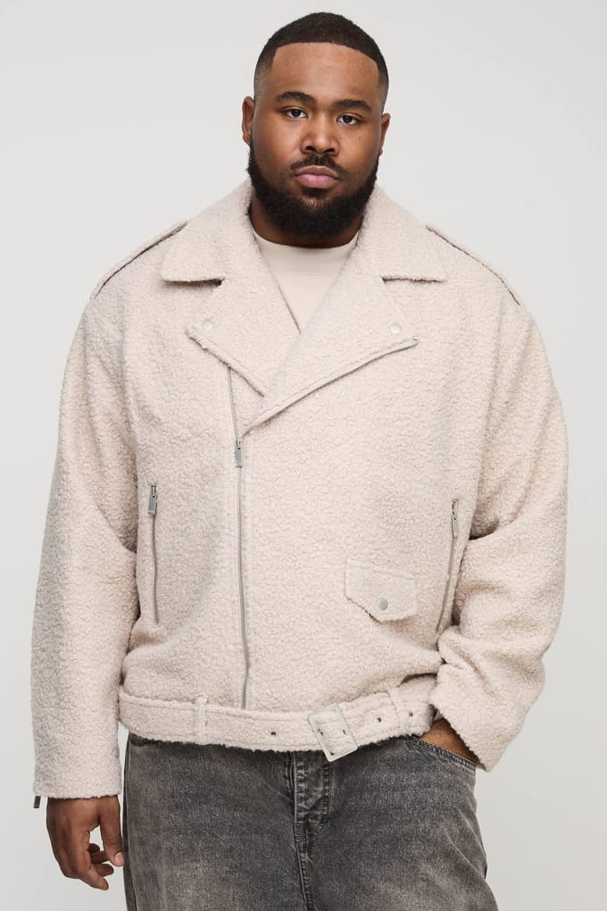 Plus Oversized Boucle Biker Jacket | Ecru | Size 2XL