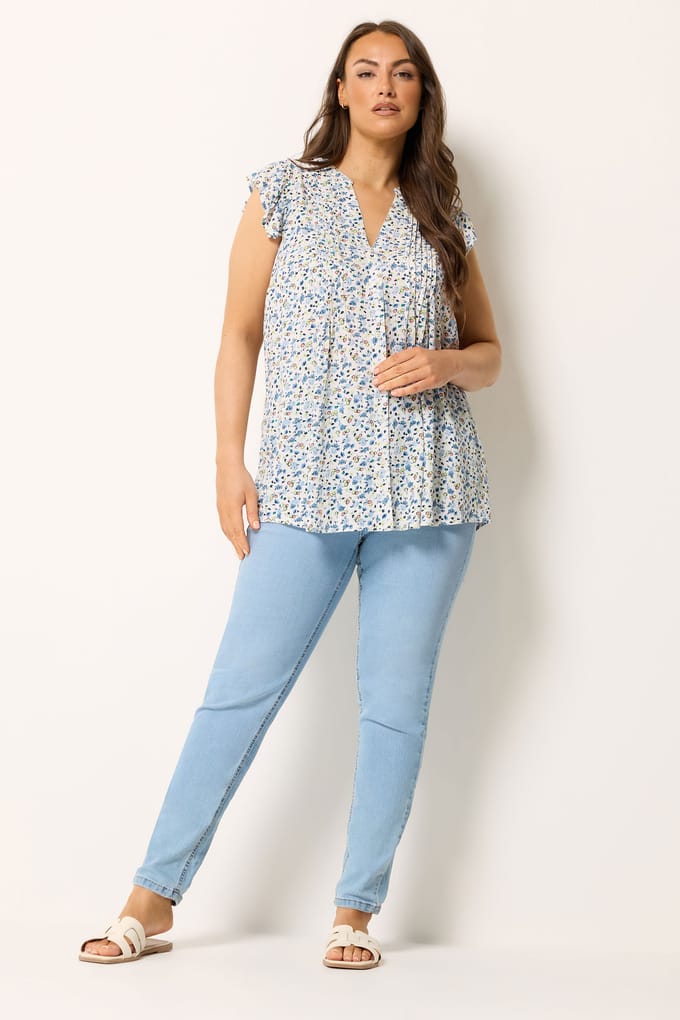 Yours Witblauwe Blouse Met Ruches Aan De Mouwen Size 44