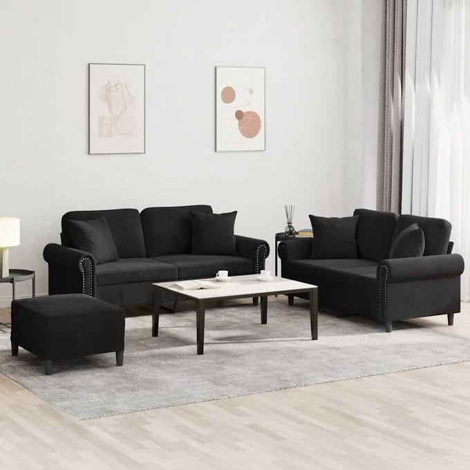 vidaXL - 3-delige - Loungeset - met - kussens - fluweel - zwart