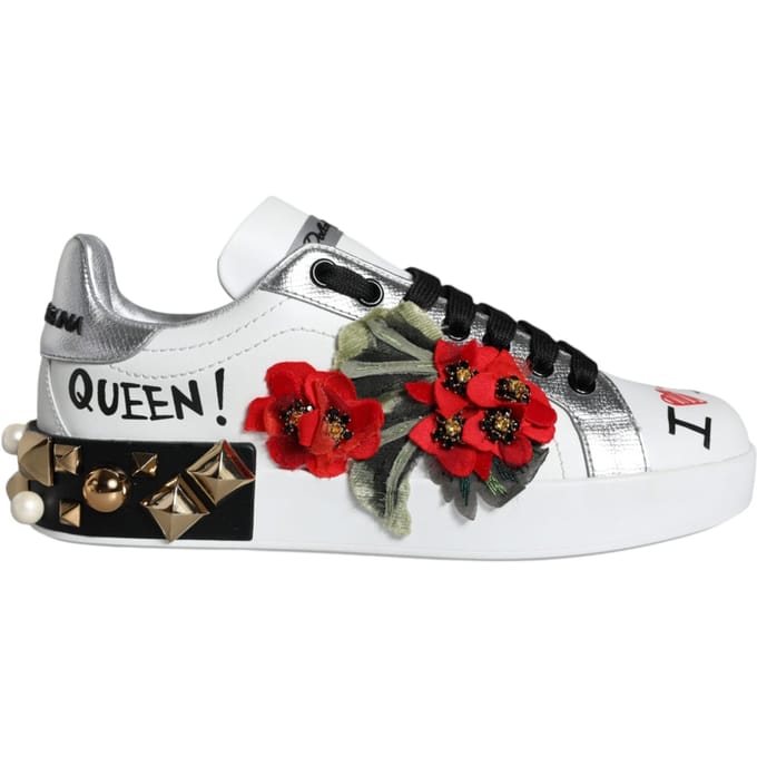 Dolce & Gabbana Witte Leren Bloemige Studded Sneakerschoenen
