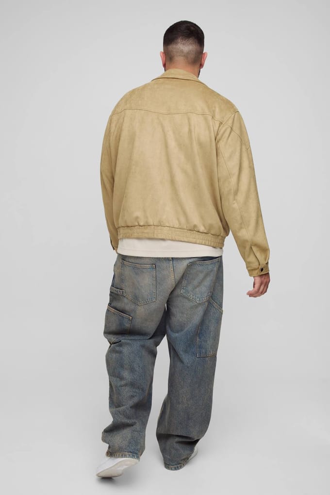 Plus Faux Suede Western Zip Up Boxy Oversized Jacket | Stone | Size 2XL